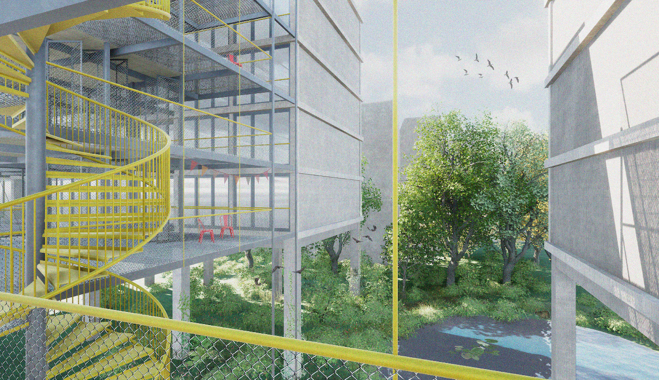 Gelbe Wendeltreppe an einem grauen Gebäude mit Grünanlage